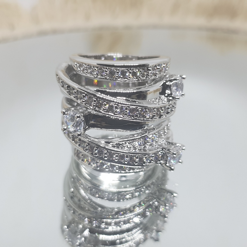 Silver CZ Multi-Row Stacked Ring